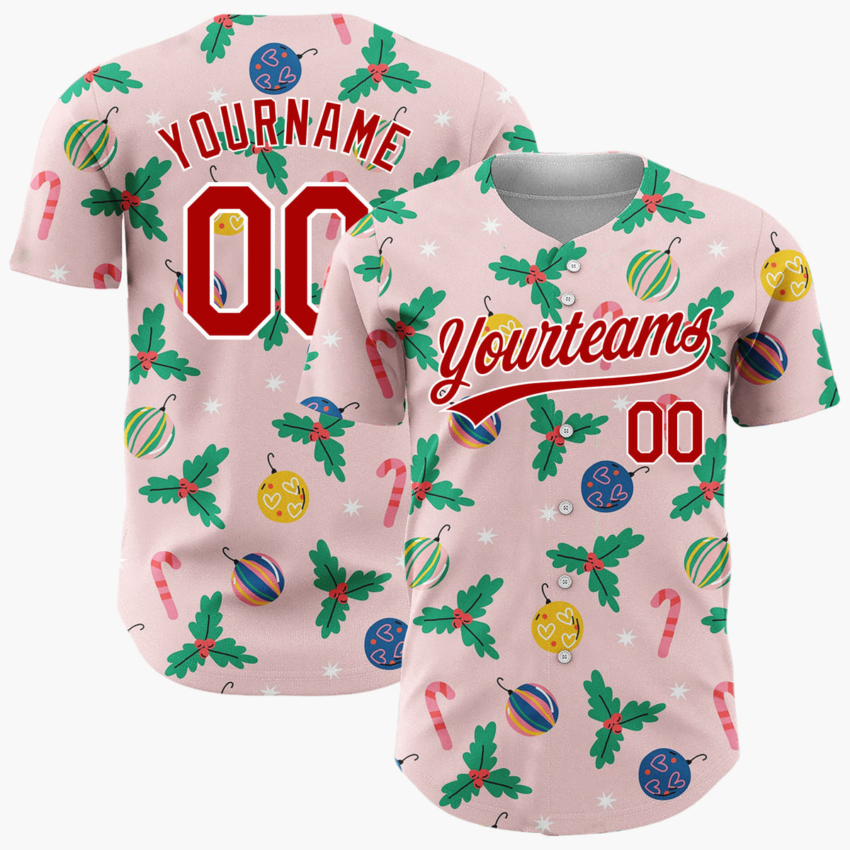 Custom Light Pink Christmas Holly And Candy Cane Folk Pattern Christmas Baseball Jersey