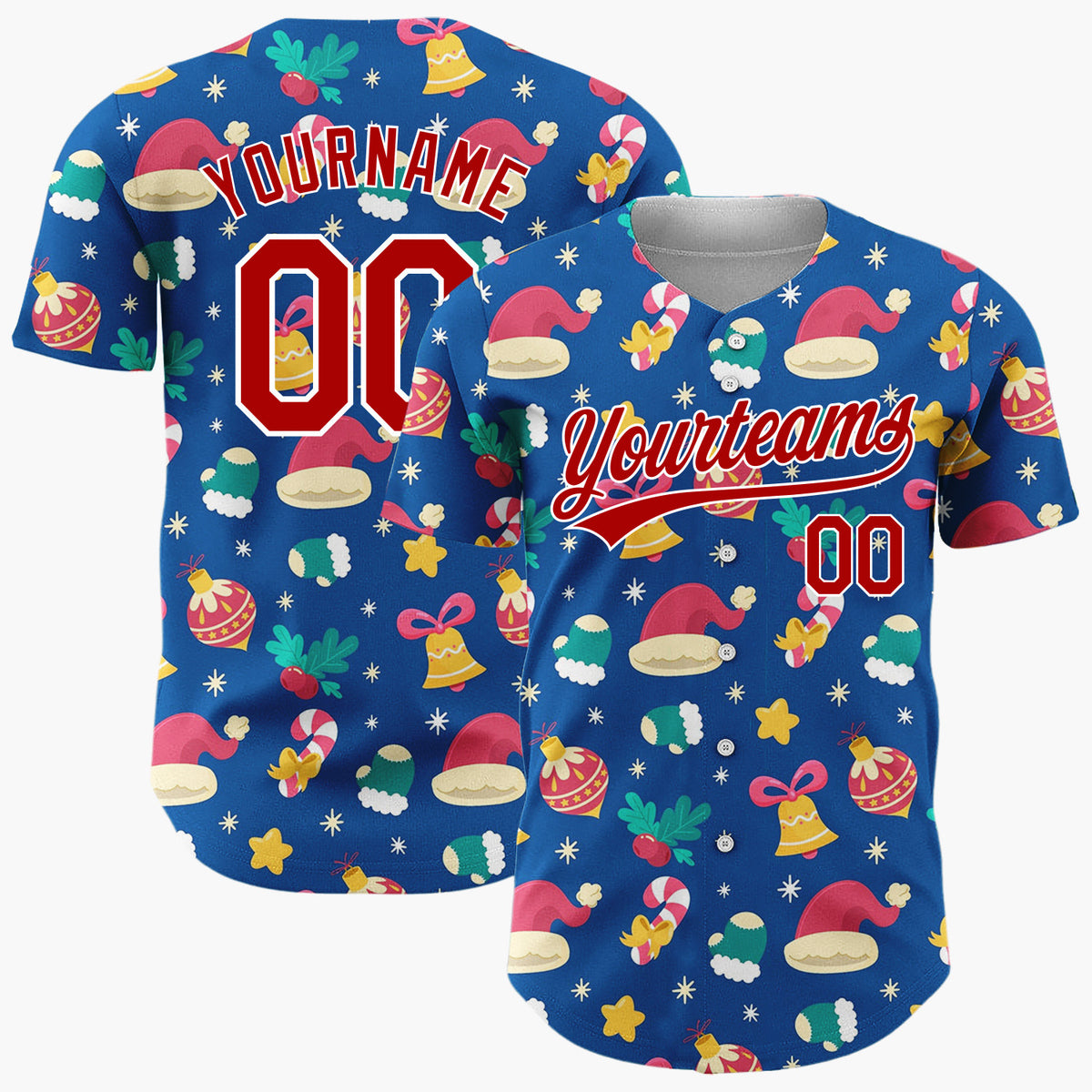 Custom Navy Blue Festive Christmas Icons Holiday Pattern Christmas Baseball Jersey