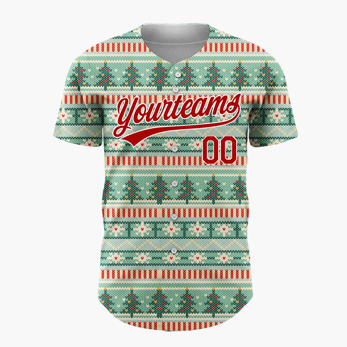 Custom Mint Red Trees Hearts And Stars Cozy Knitted Christmas Baseball Jersey