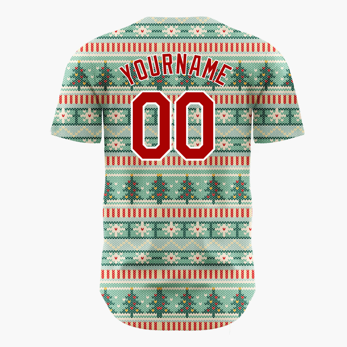 Custom Mint Red Trees Hearts And Stars Cozy Knitted Christmas Baseball Jersey