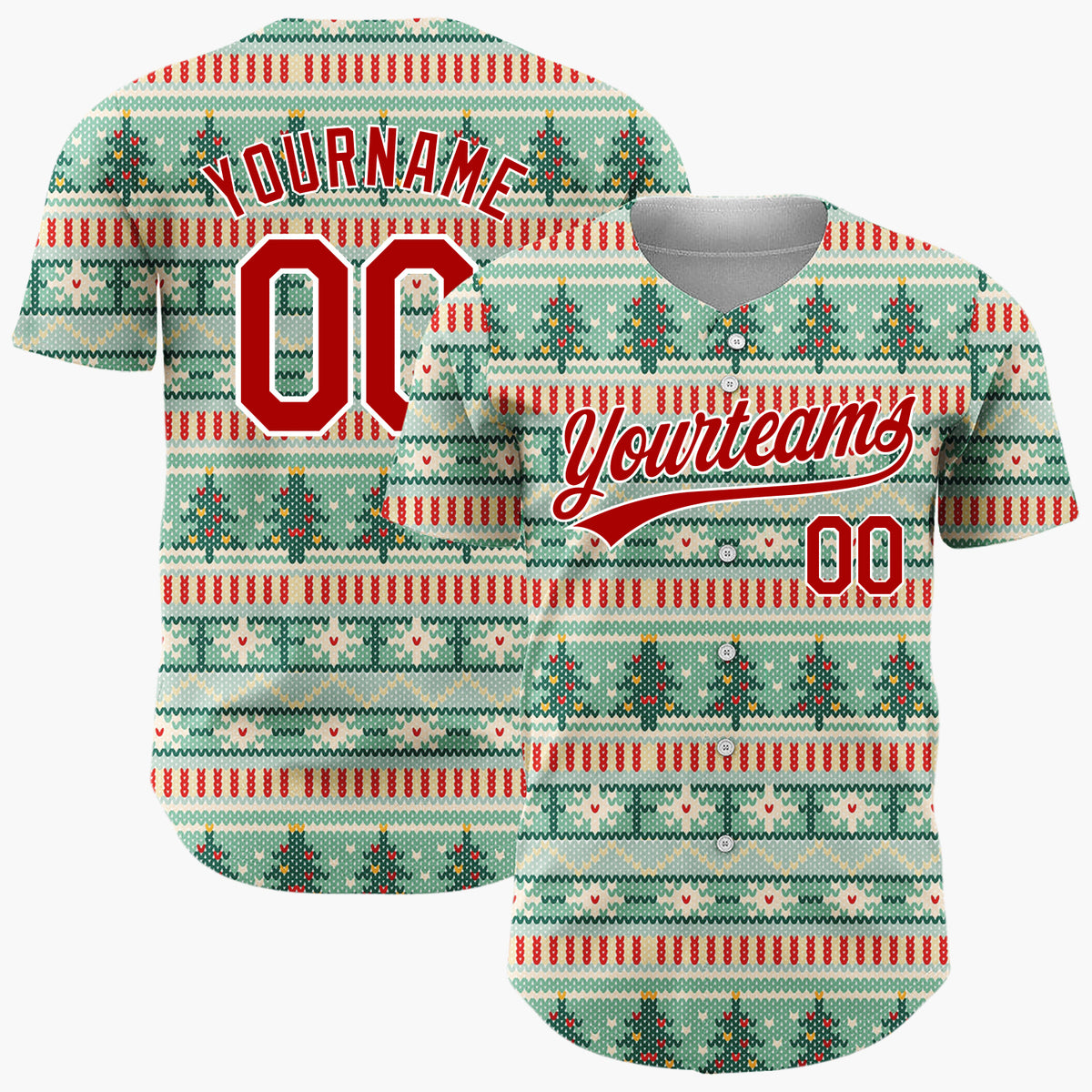 Custom Mint Red Trees Hearts And Stars Cozy Knitted Christmas Baseball Jersey