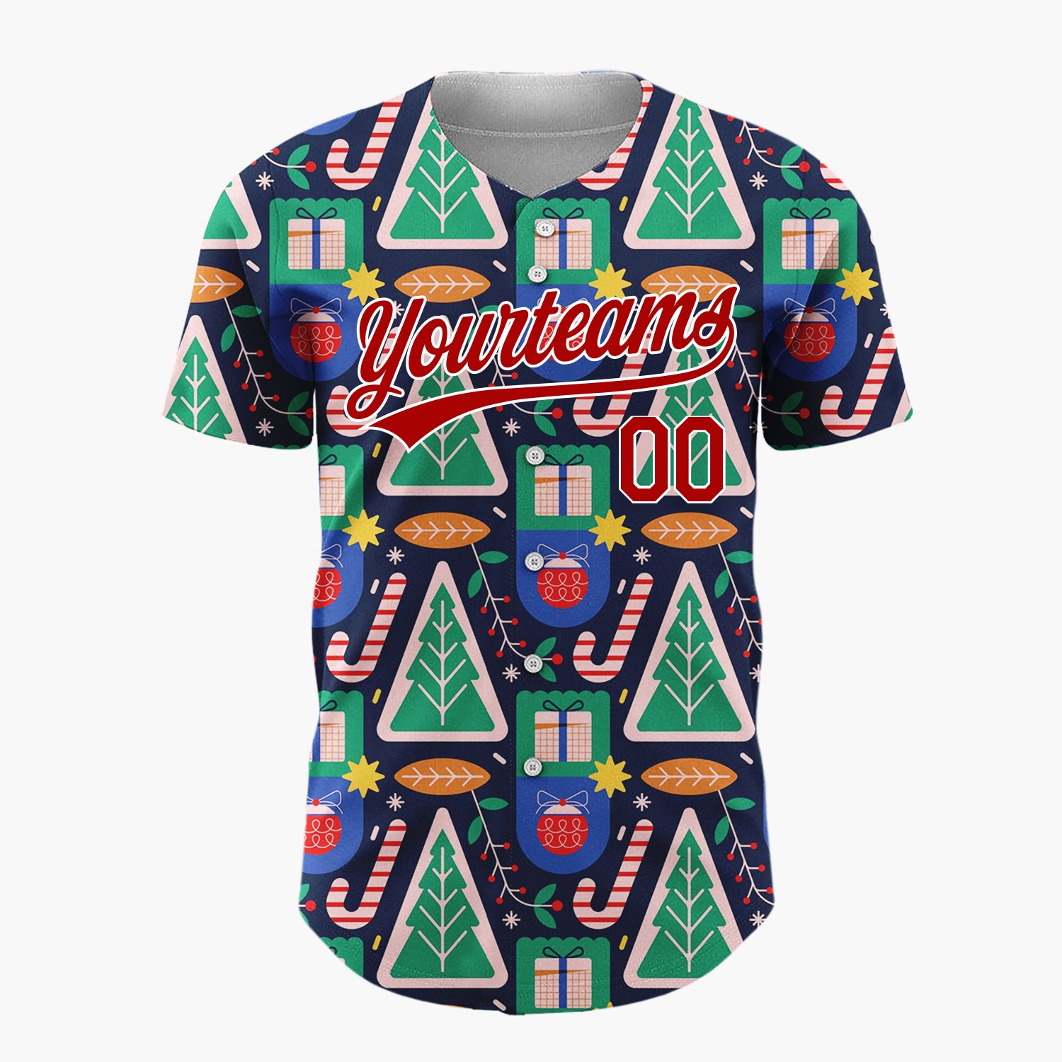 Custom Navy Geometric Trees Gifts Modern Holiday Pattern Christmas Baseball Jersey