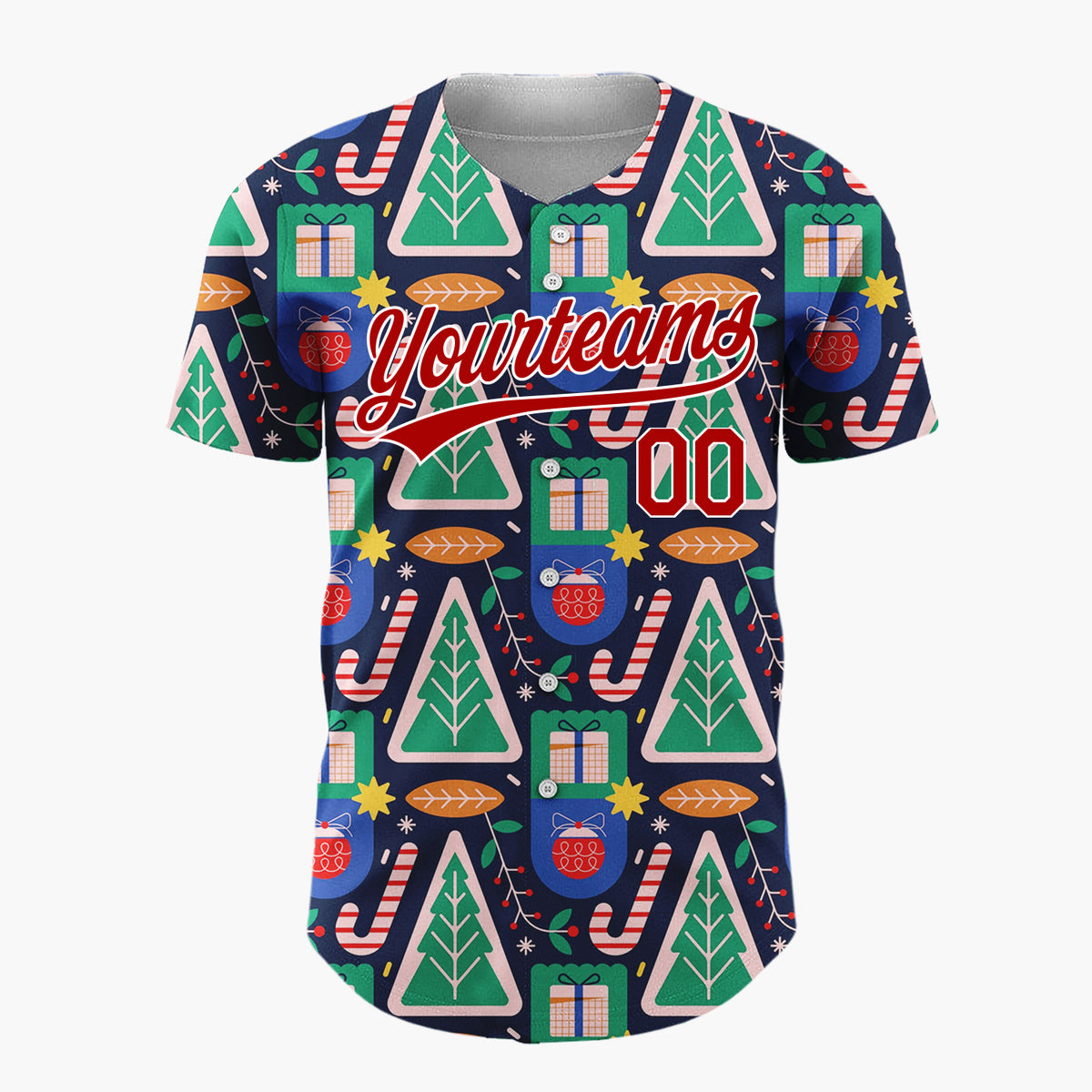 Custom Navy Geometric Trees Gifts Modern Holiday Pattern Christmas Baseball Jersey