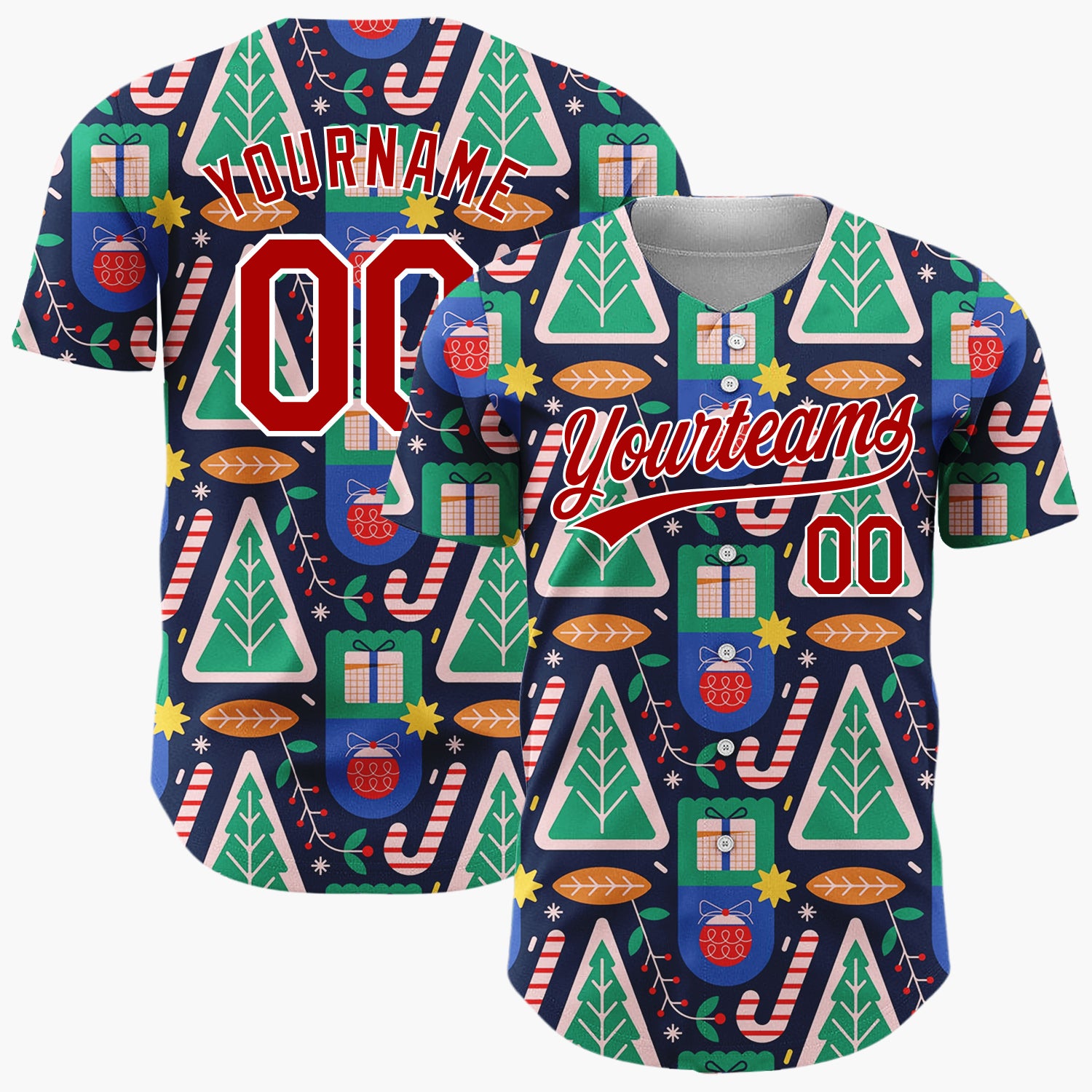 Custom Navy Geometric Trees Gifts Modern Holiday Pattern Christmas Baseball Jersey