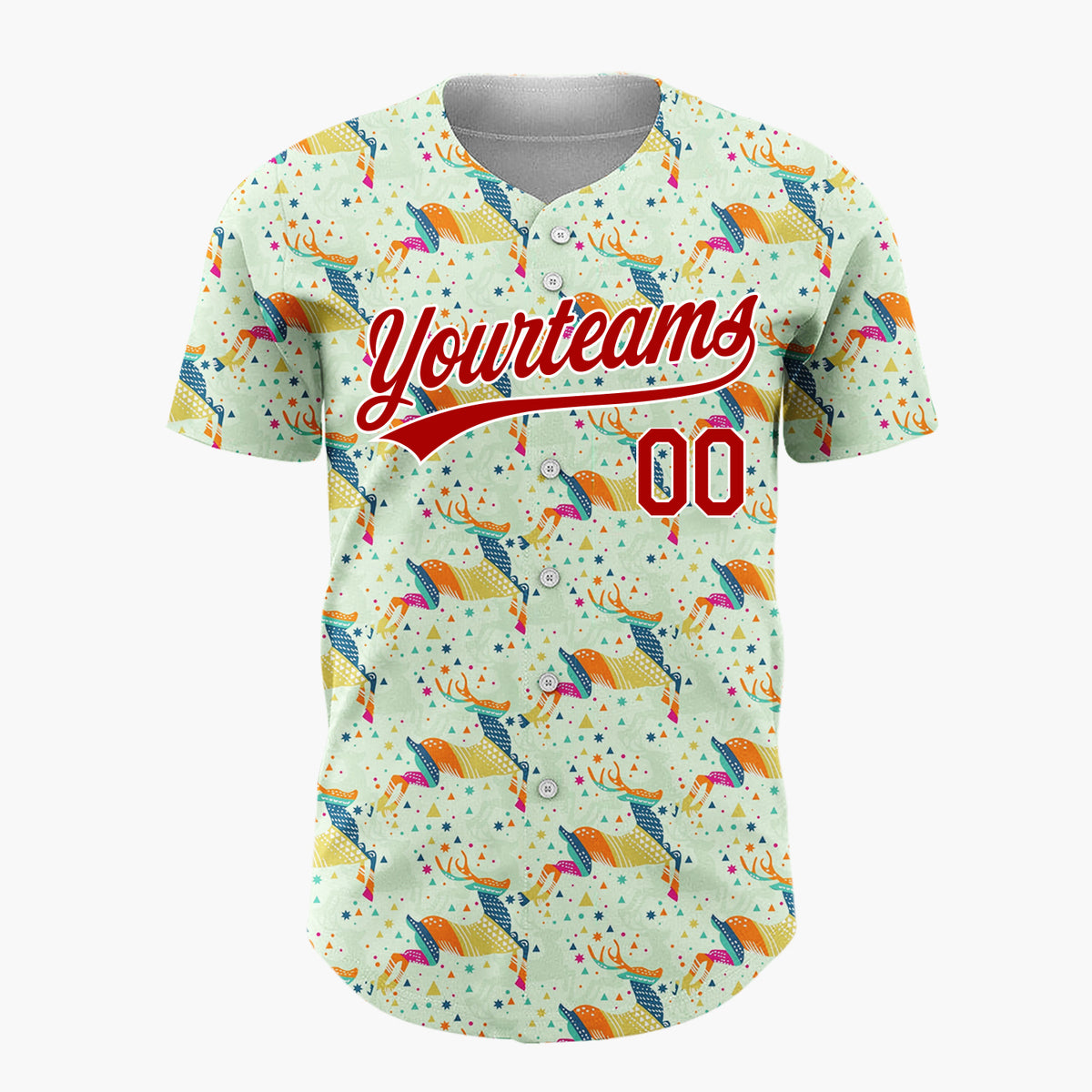 Custom Light Green Multicolor Geometric Reindeer Stars Christmas Baseball Jersey