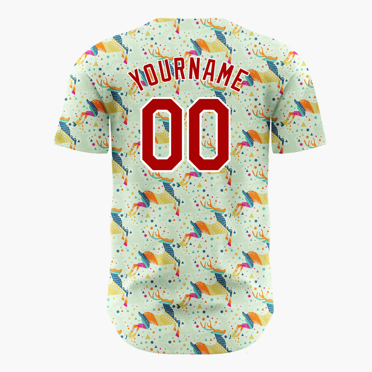Custom Light Green Multicolor Geometric Reindeer Stars Christmas Baseball Jersey