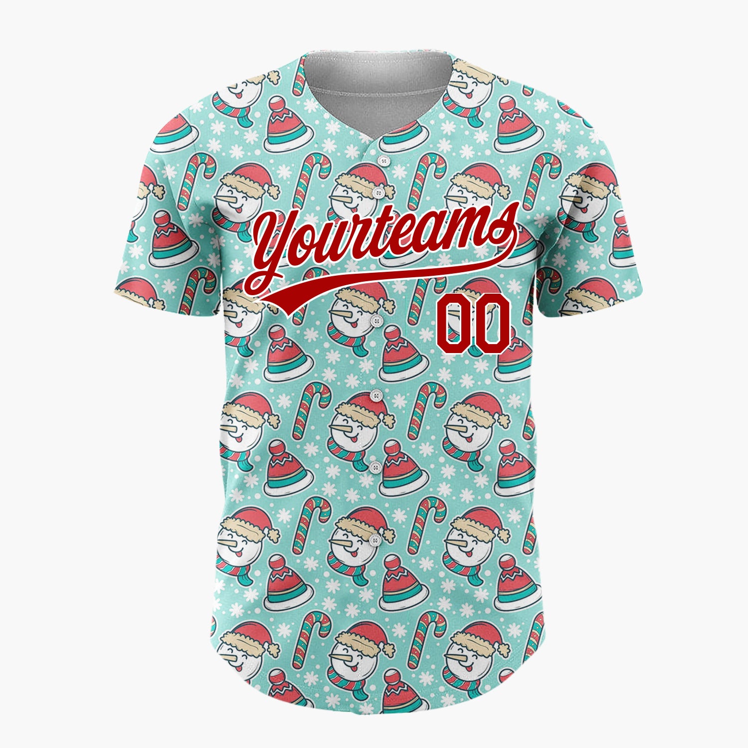 Custom Mint Green Red White Snowmen Hats And Candy Canes Cute Christmas Baseball Jersey