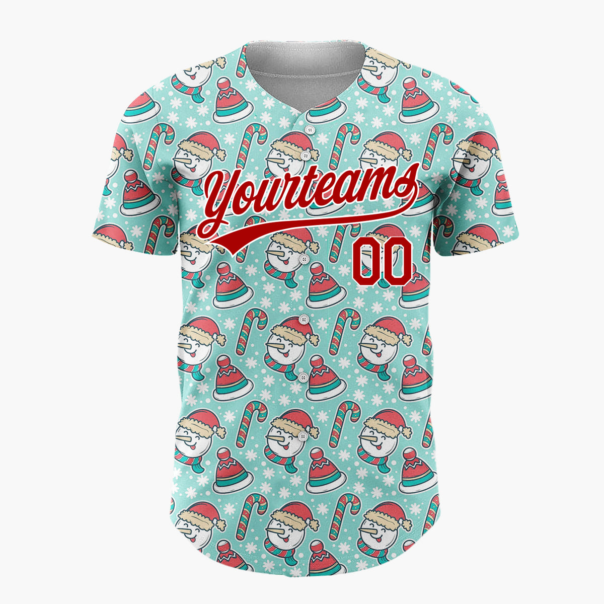 Custom Mint Green Red White Snowmen Hats And Candy Canes Cute Christmas Baseball Jersey