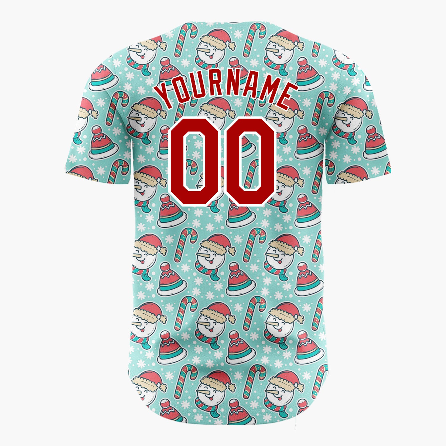 Custom Mint Green Red White Snowmen Hats And Candy Canes Cute Christmas Baseball Jersey