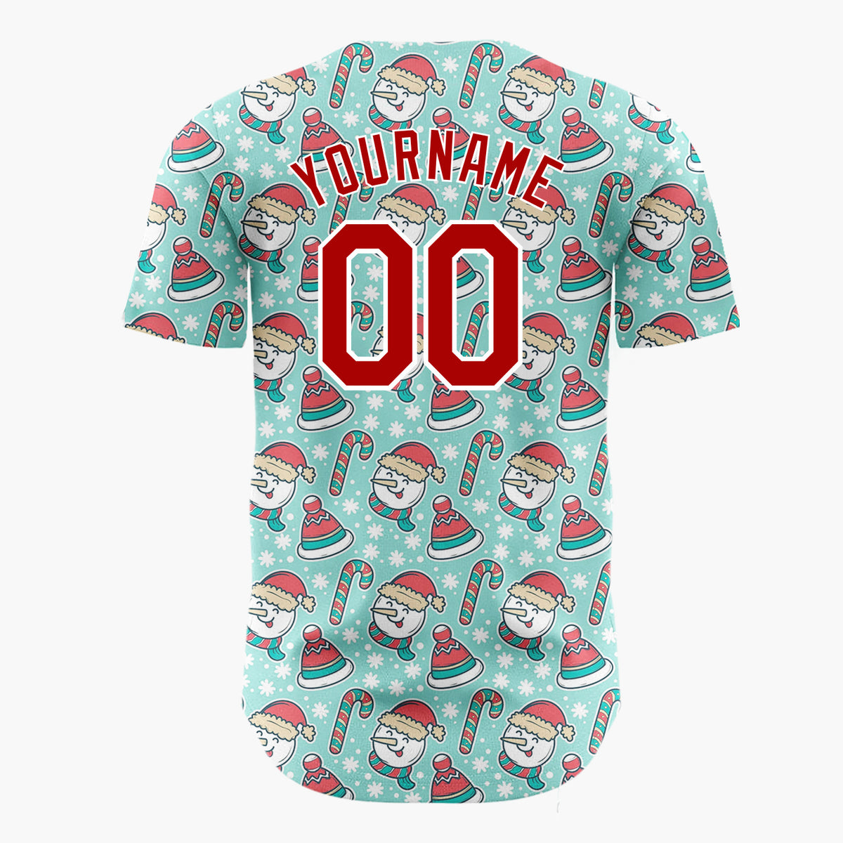 Custom Mint Green Red White Snowmen Hats And Candy Canes Cute Christmas Baseball Jersey