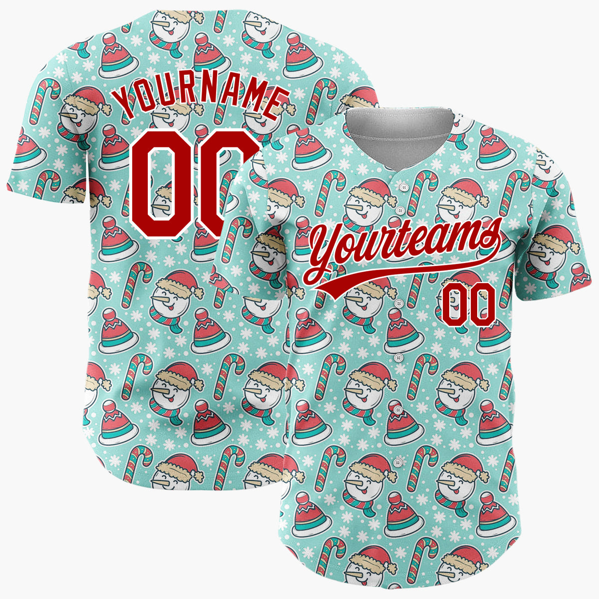 Custom Mint Green Red White Snowmen Hats And Candy Canes Cute Christmas Baseball Jersey