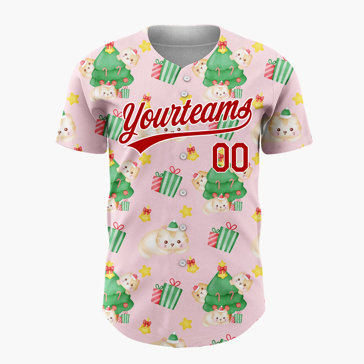 Custom Light Pink Cute Cat Christmas Tree Kawaii Pattern Christmas Baseball Jersey
