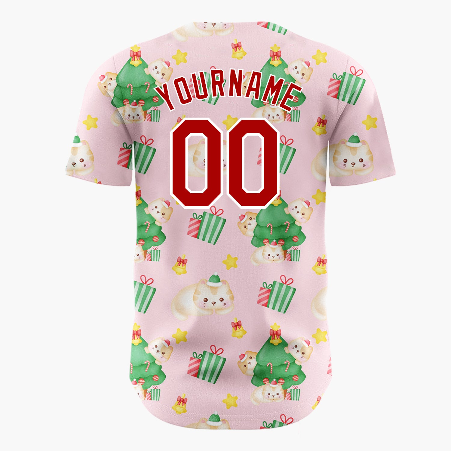 Custom Light Pink Cute Cat Christmas Tree Kawaii Pattern Christmas Baseball Jersey