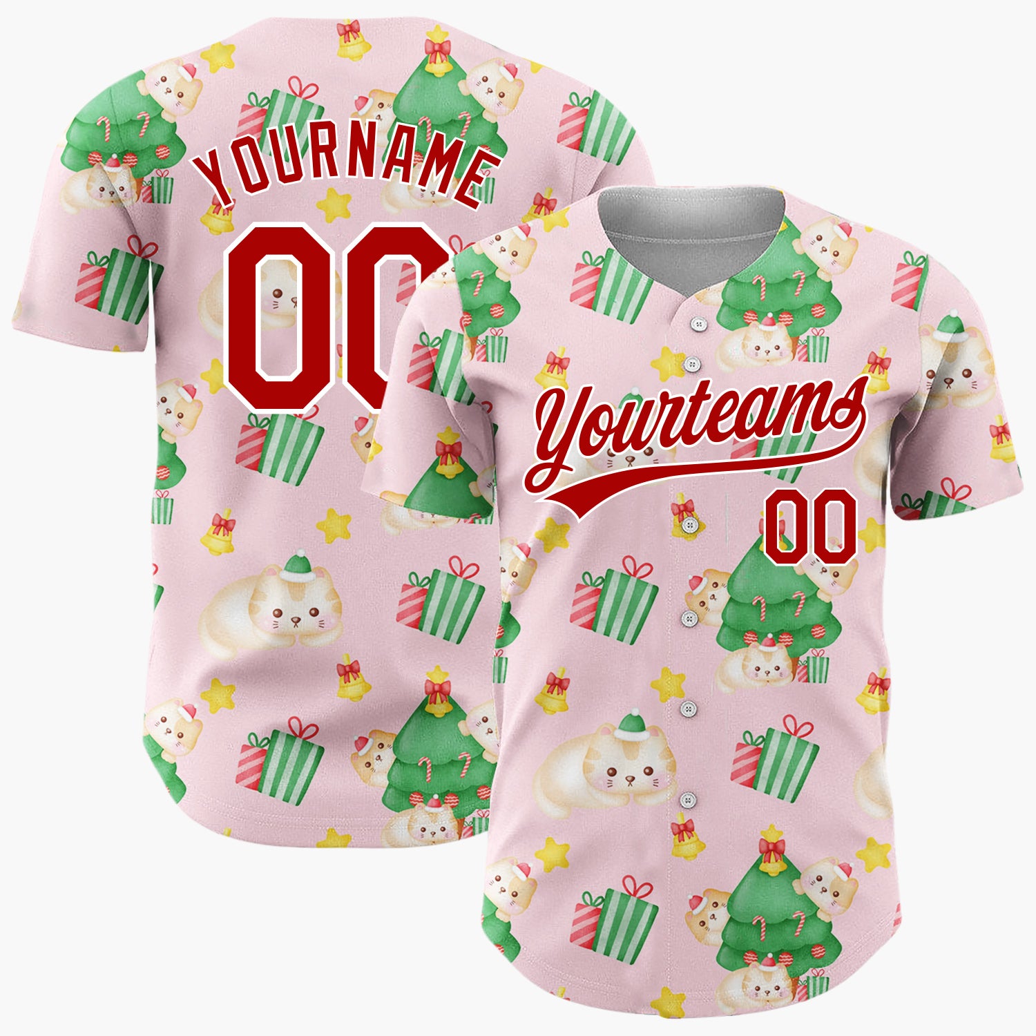 Custom Light Pink Cute Cat Christmas Tree Kawaii Pattern Christmas Baseball Jersey