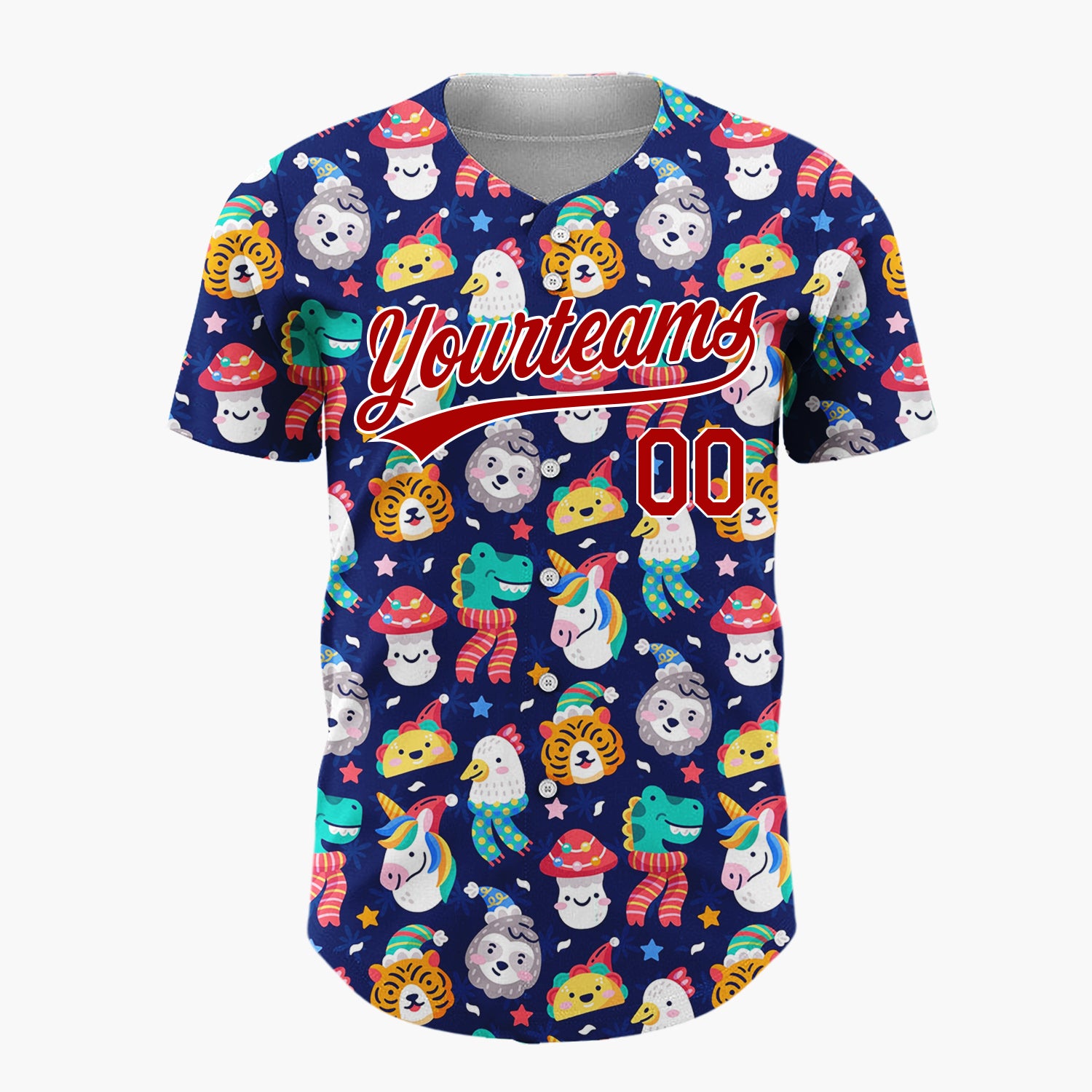 Custom Navy Blue Multicolor Unicorns Tigers And Frogs Fun Animal Winter Pattern Christmas Baseball Jersey