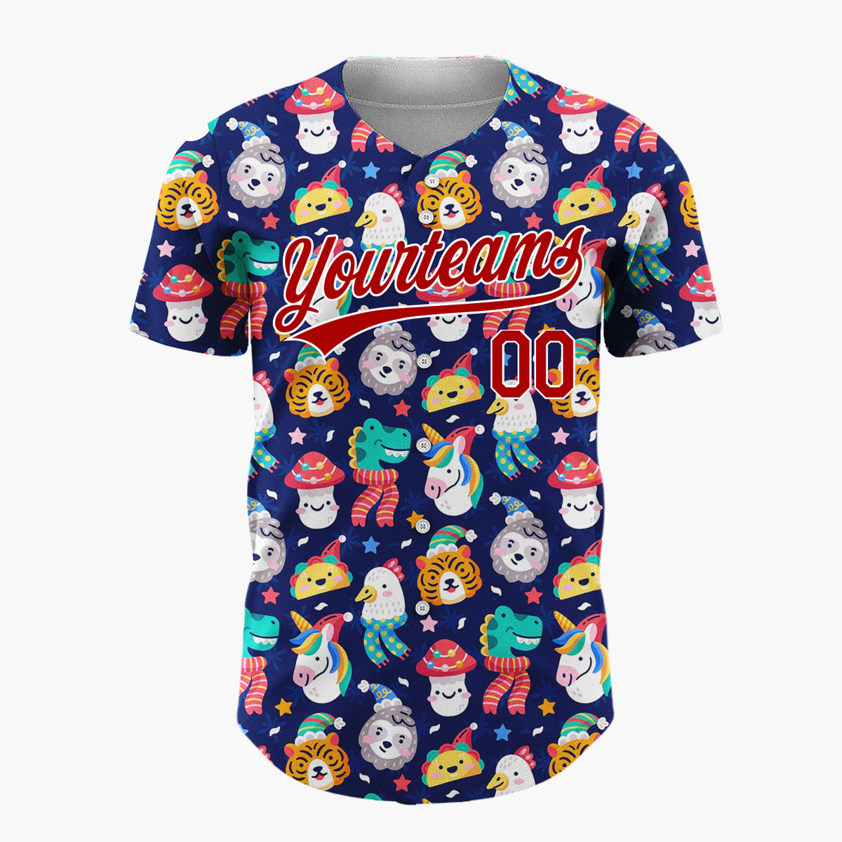 Custom Navy Blue Multicolor Unicorns Tigers And Frogs Fun Animal Winter Pattern Christmas Baseball Jersey