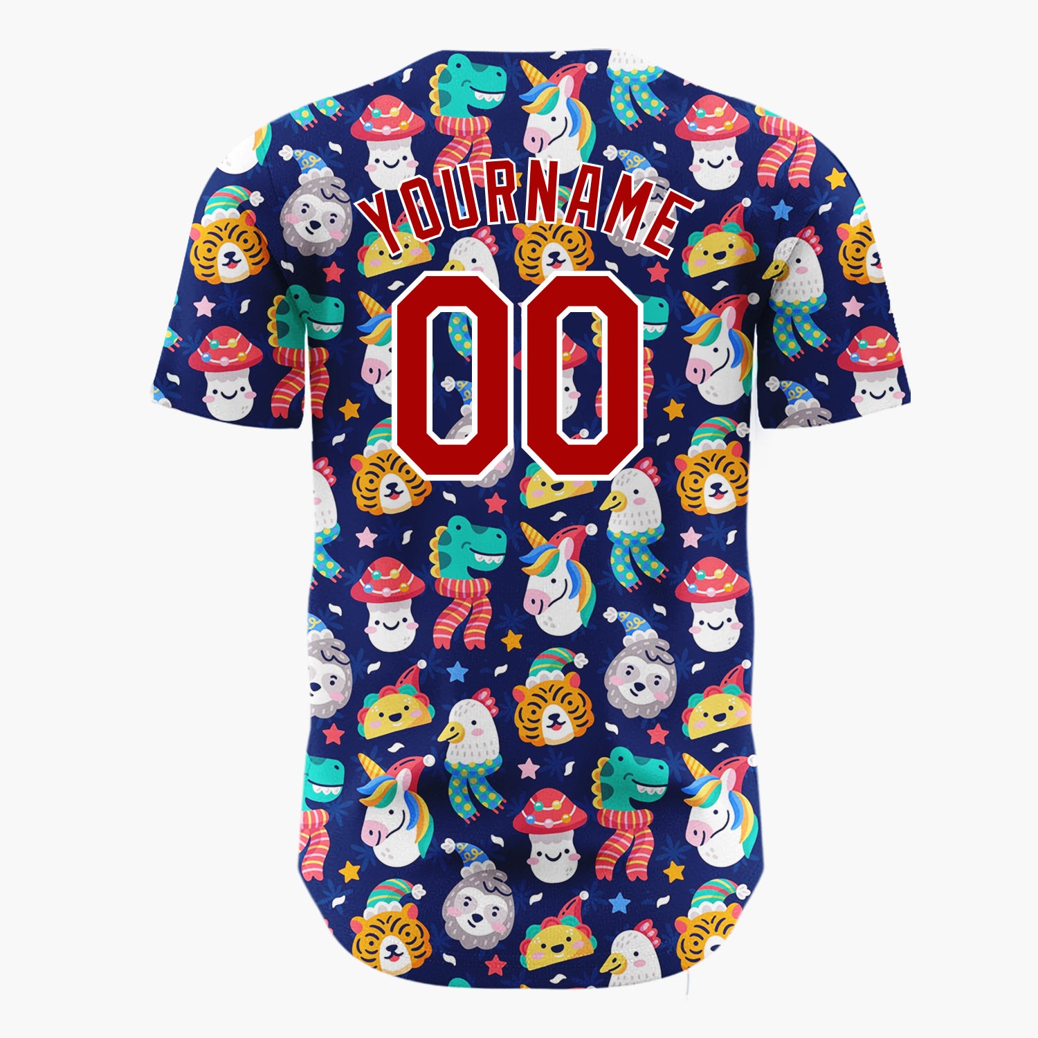 Custom Navy Blue Multicolor Unicorns Tigers And Frogs Fun Animal Winter Pattern Christmas Baseball Jersey