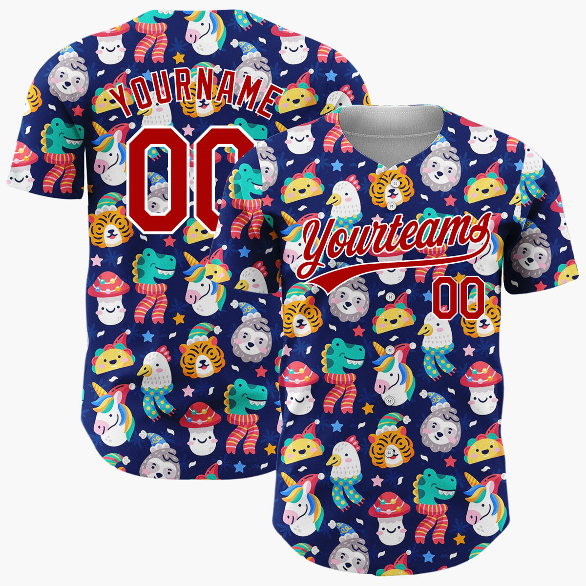 Custom Navy Blue Multicolor Unicorns Tigers And Frogs Fun Animal Winter Pattern Christmas Baseball Jersey