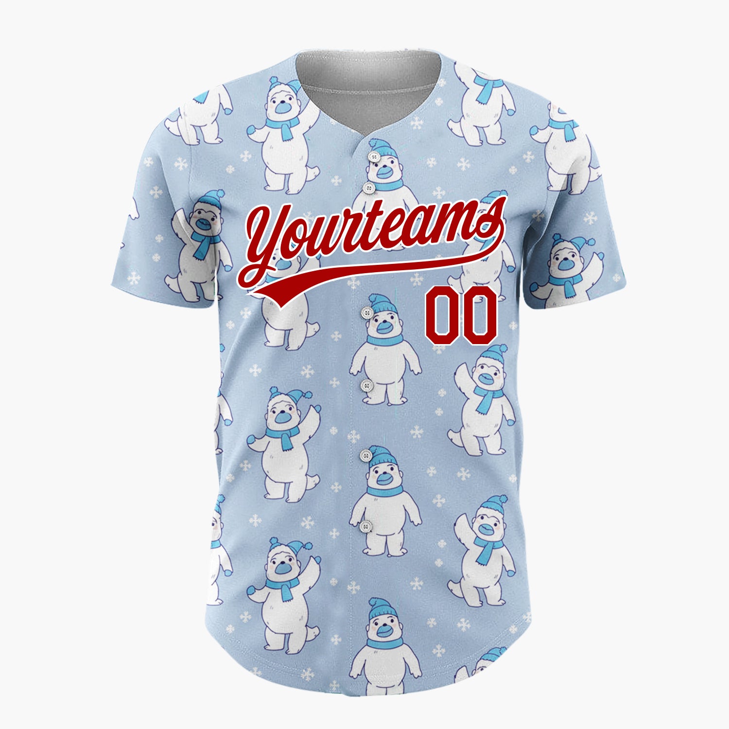 Custom Light Blue White Polar Bears With Scarves Cute Winter Pattern Christmas Baseball Jersey