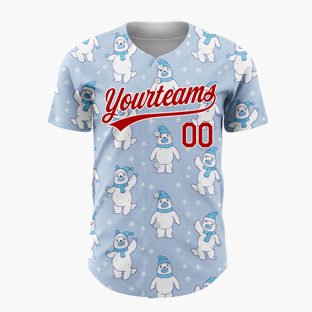 Custom Light Blue White Polar Bears With Scarves Cute Winter Pattern Christmas Baseball Jersey