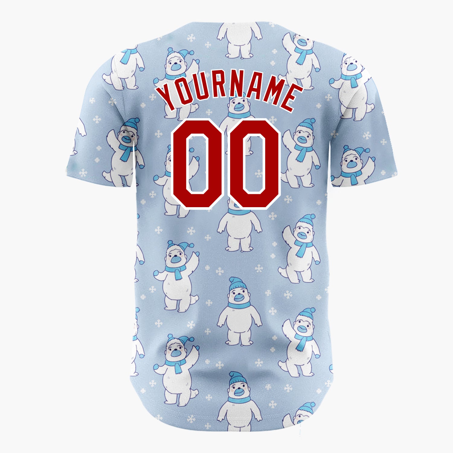 Custom Light Blue White Polar Bears With Scarves Cute Winter Pattern Christmas Baseball Jersey