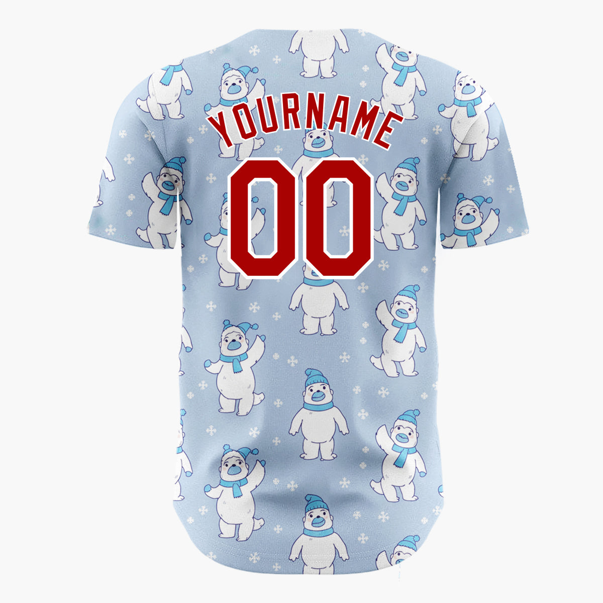 Custom Light Blue White Polar Bears With Scarves Cute Winter Pattern Christmas Baseball Jersey