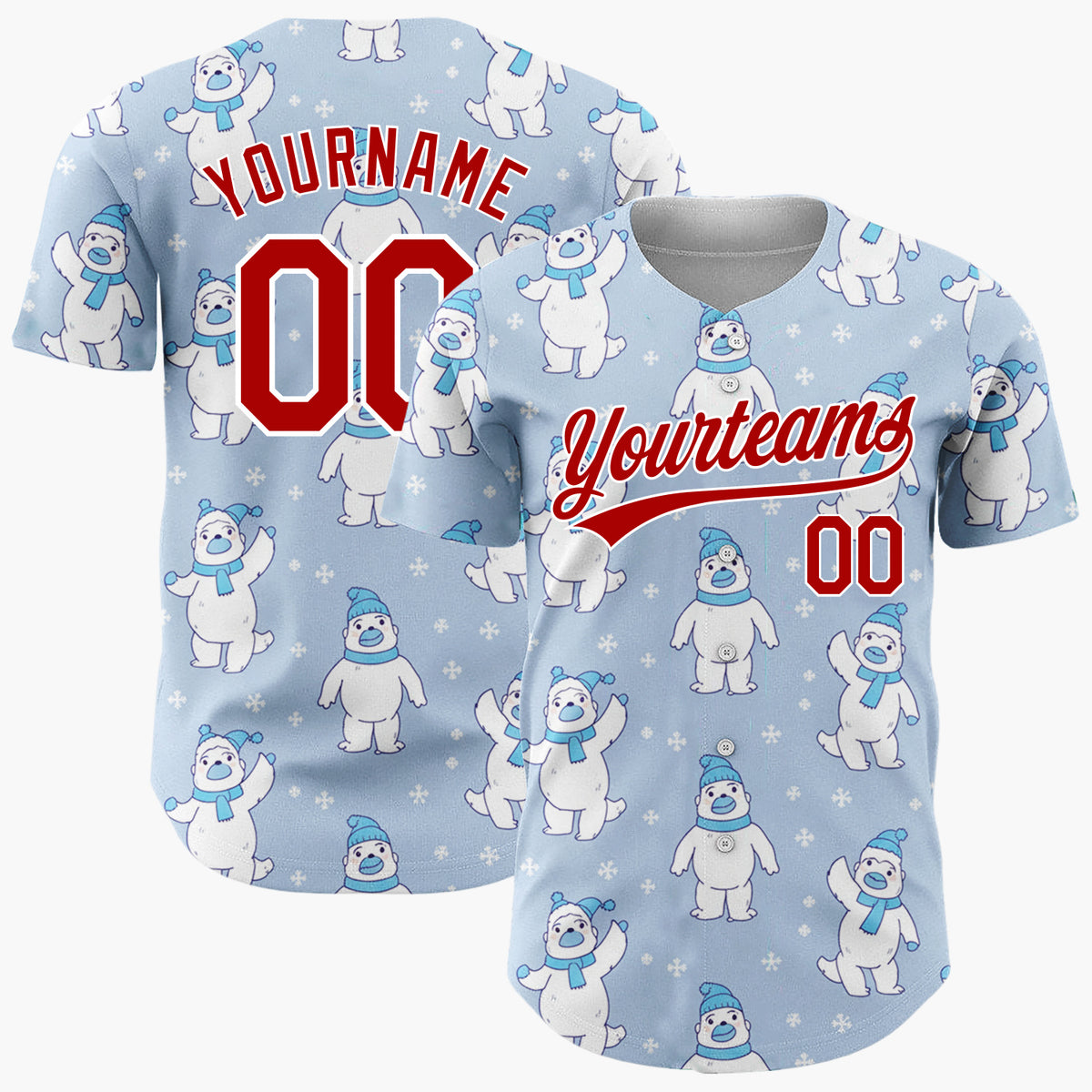 Custom Light Blue White Polar Bears With Scarves Cute Winter Pattern Christmas Baseball Jersey