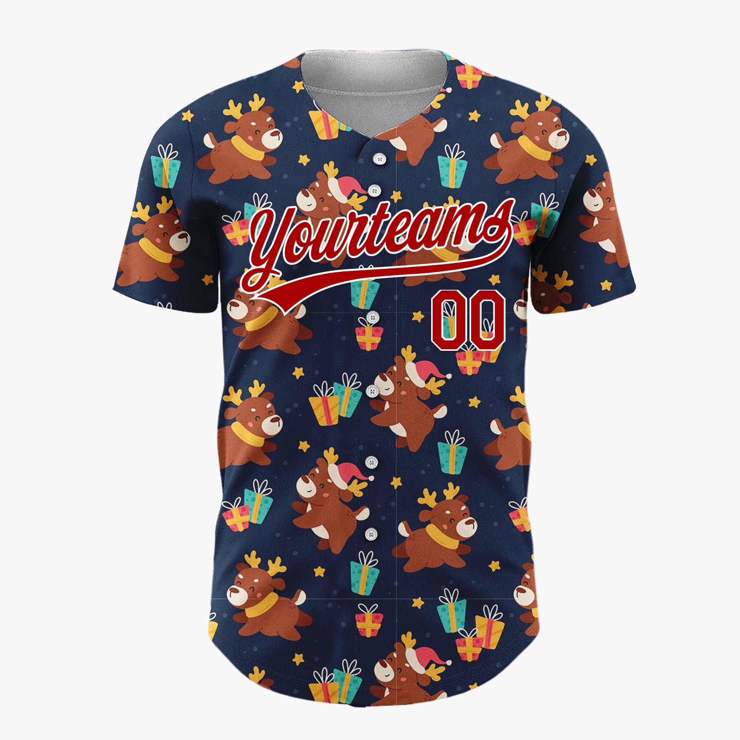 Custom Navy Brown Reindeers Gifts And Stars Playful Holiday Pattern Christmas Baseball Jersey