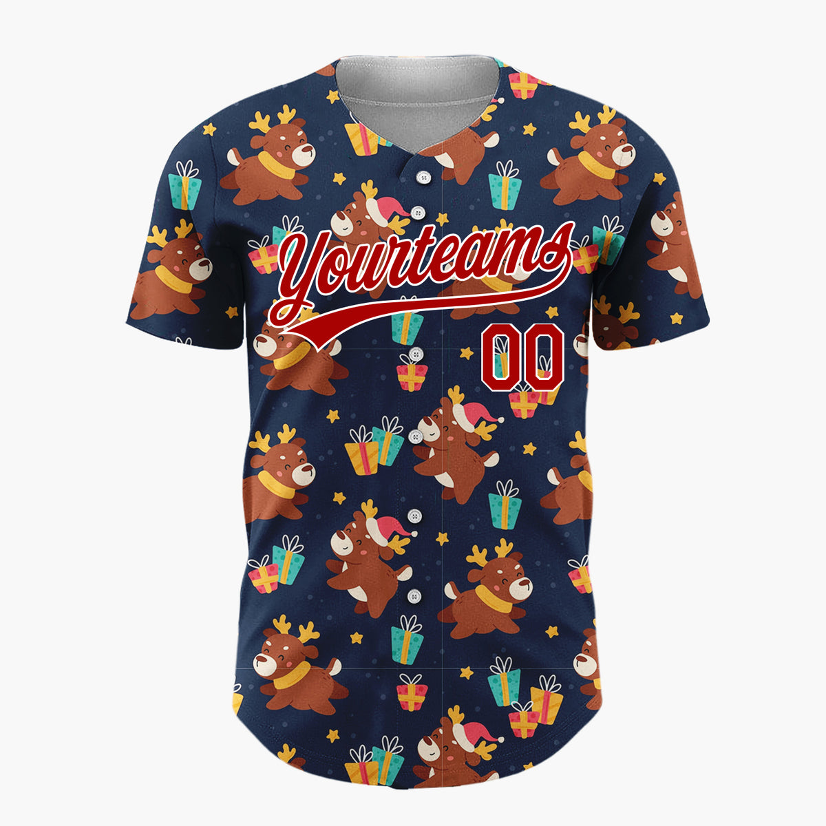 Custom Navy Brown Reindeers Gifts And Stars Playful Holiday Pattern Christmas Baseball Jersey