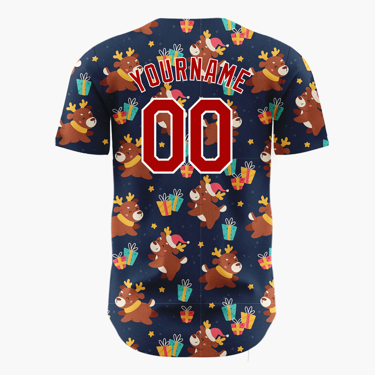 Custom Navy Brown Reindeers Gifts And Stars Playful Holiday Pattern Christmas Baseball Jersey