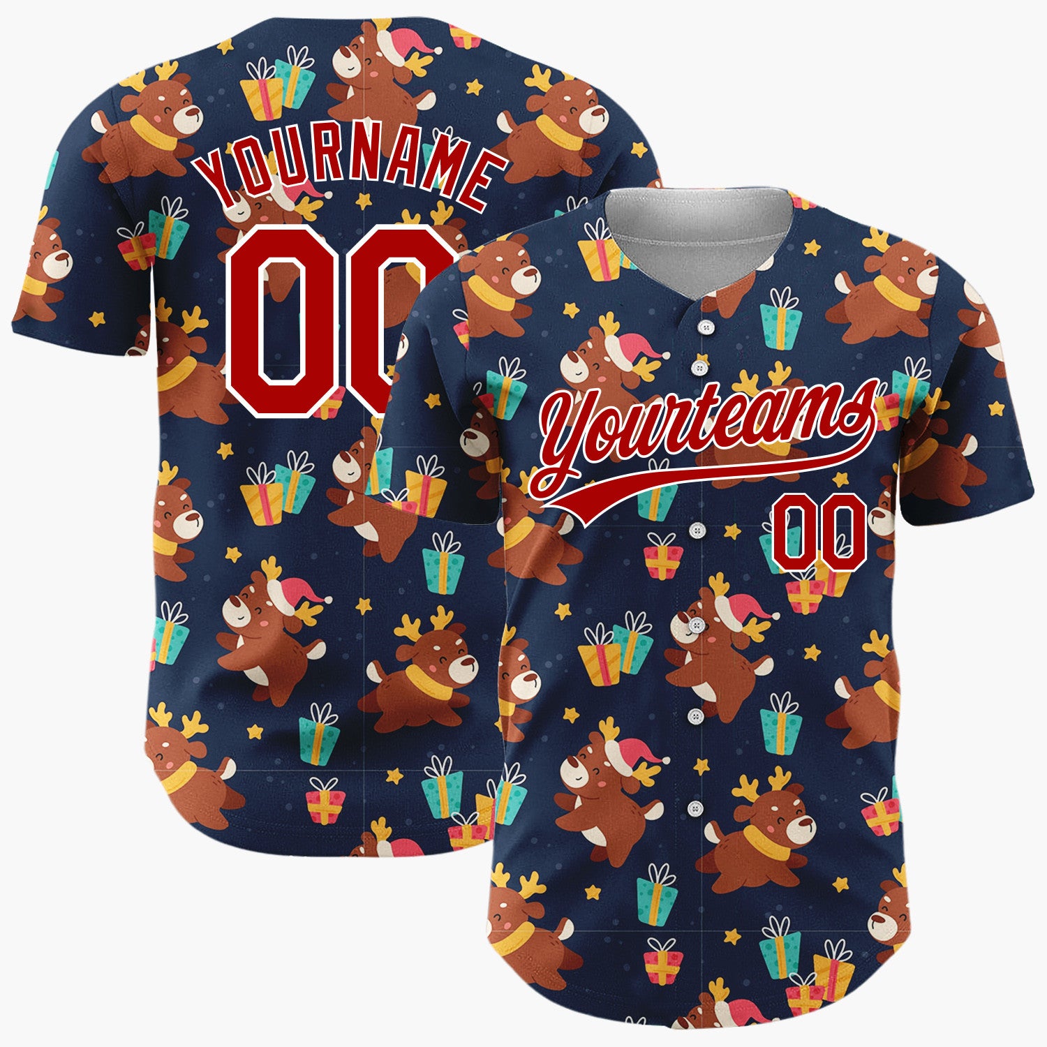 Custom Navy Brown Reindeers Gifts And Stars Playful Holiday Pattern Christmas Baseball Jersey