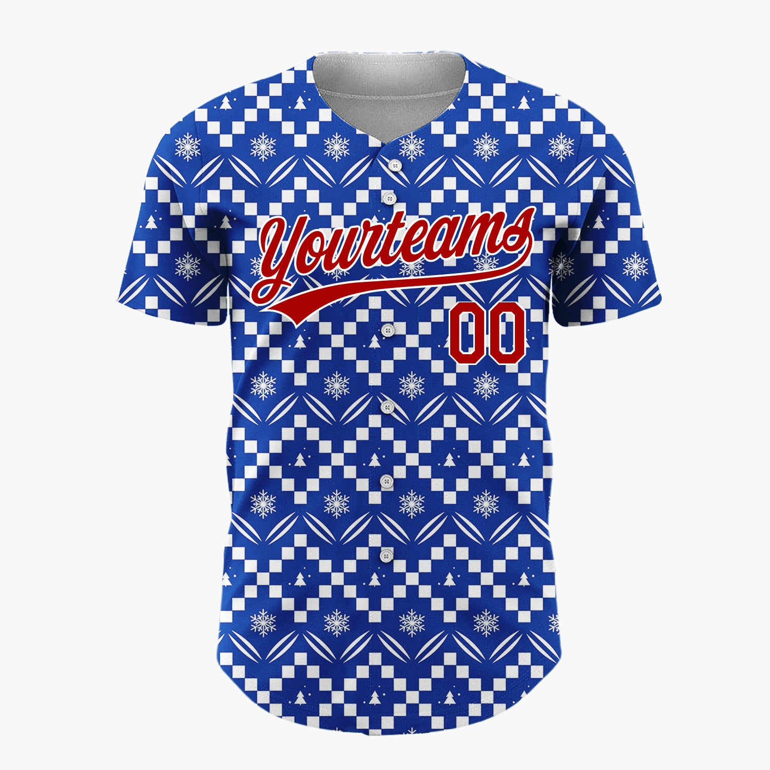 Custom Navy Blue White Zigzag Fair Isle Snowflake Pattern Christmas Baseball Jersey