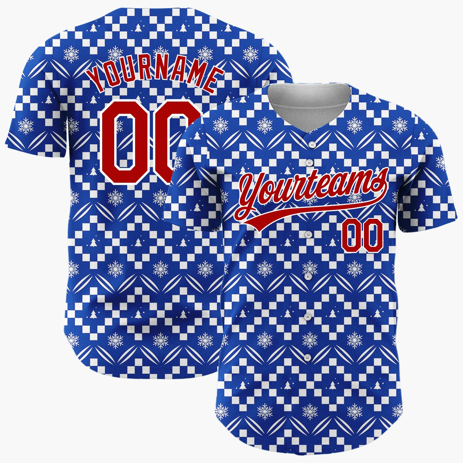 Custom Navy Blue White Zigzag Fair Isle Snowflake Pattern Christmas Baseball Jersey