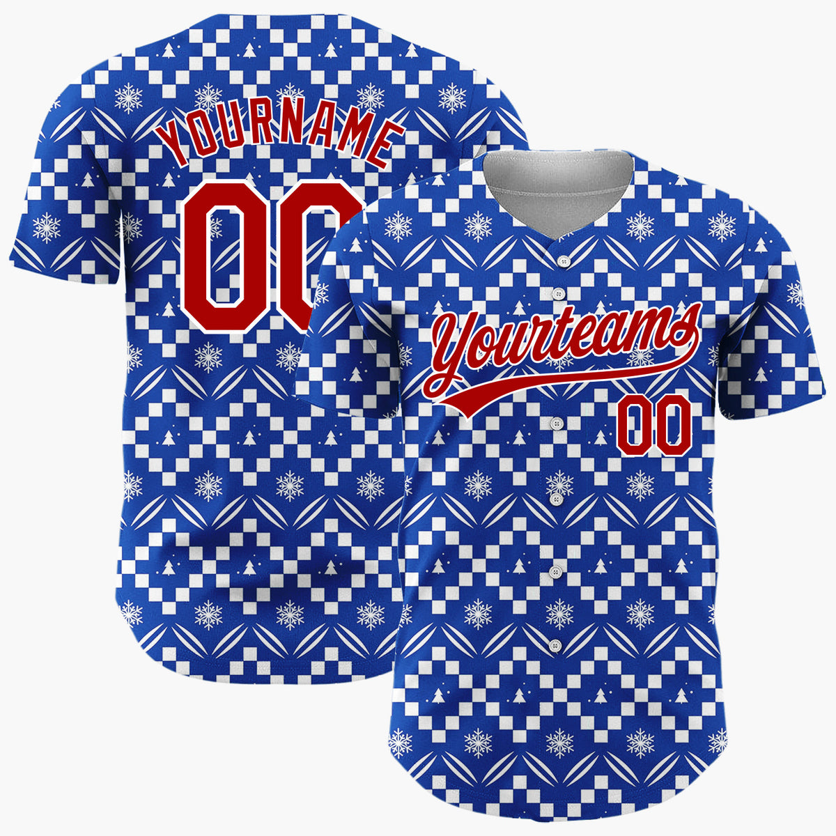 Custom Navy Blue White Zigzag Fair Isle Snowflake Pattern Christmas Baseball Jersey