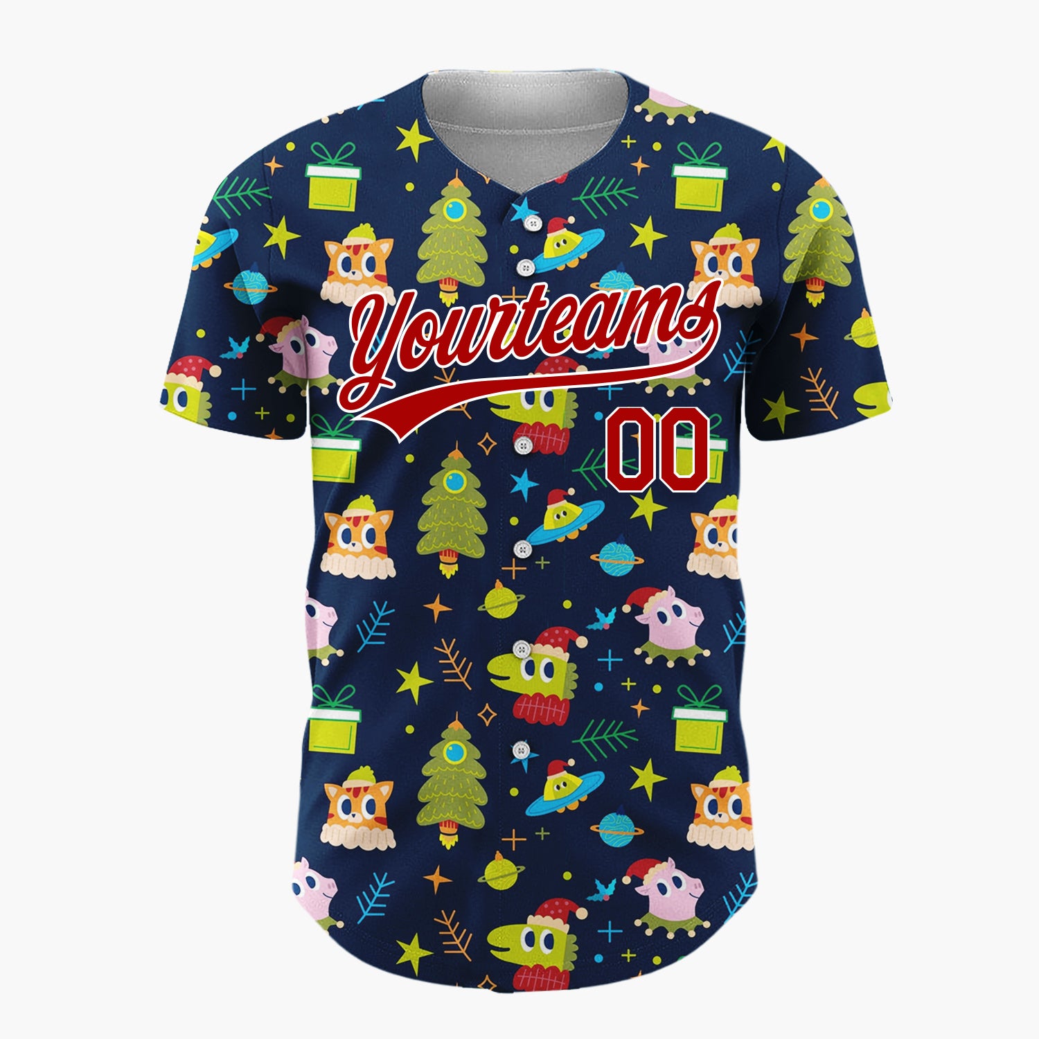 Custom Navy Green Aliens UFOs And Christmas Trees Whimsical Holiday Pattern Christmas Baseball Jersey