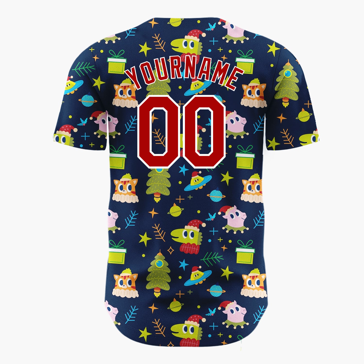 Custom Navy Green Aliens UFOs And Christmas Trees Whimsical Holiday Pattern Christmas Baseball Jersey