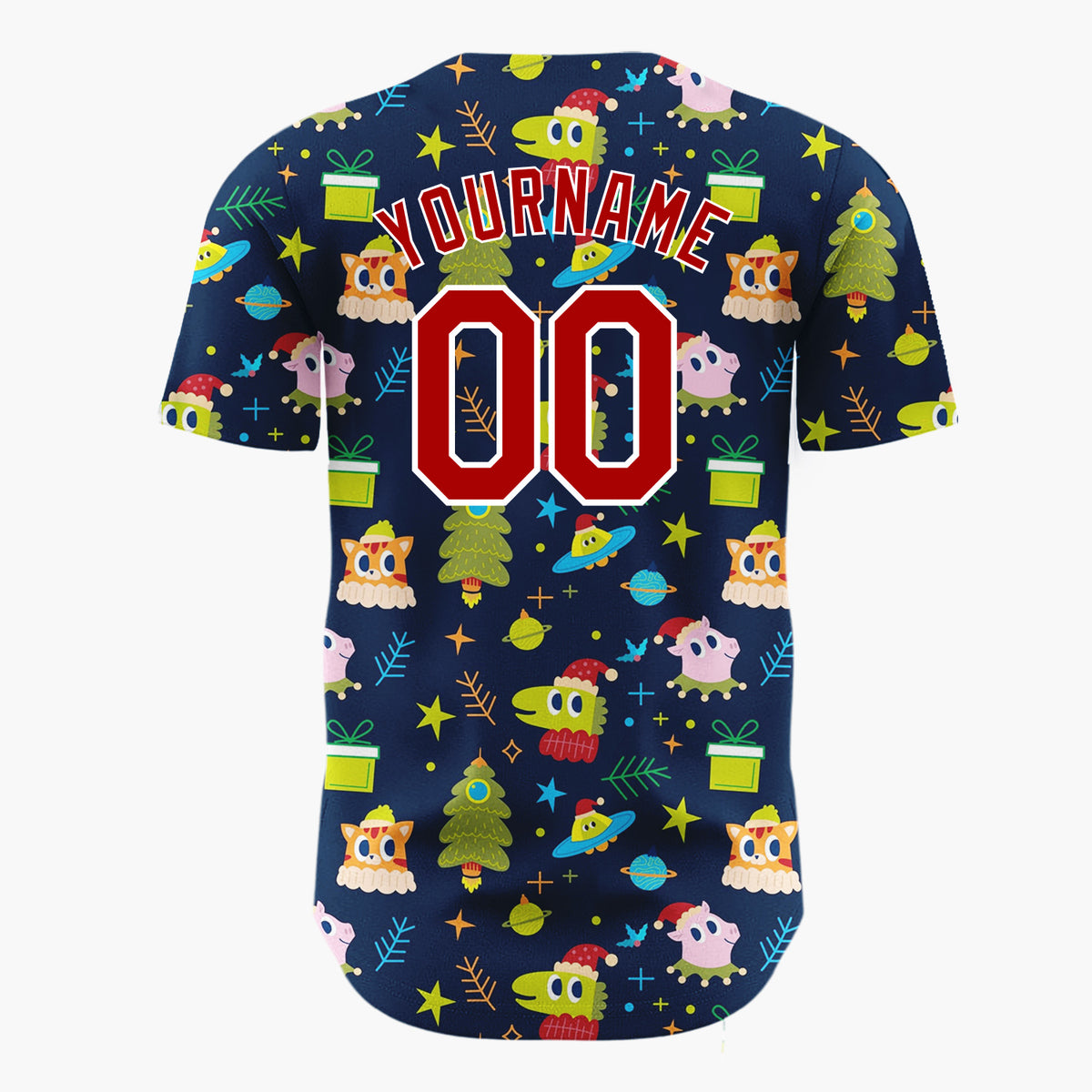 Custom Navy Green Aliens UFOs And Christmas Trees Whimsical Holiday Pattern Christmas Baseball Jersey