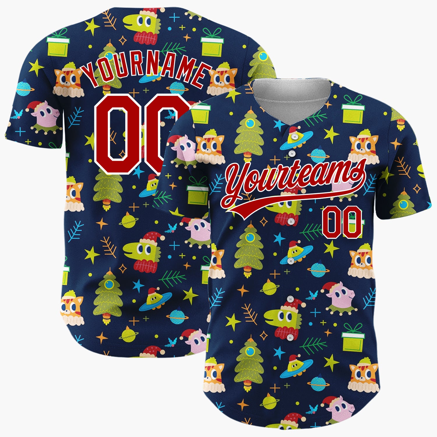 Custom Navy Green Aliens UFOs And Christmas Trees Whimsical Holiday Pattern Christmas Baseball Jersey
