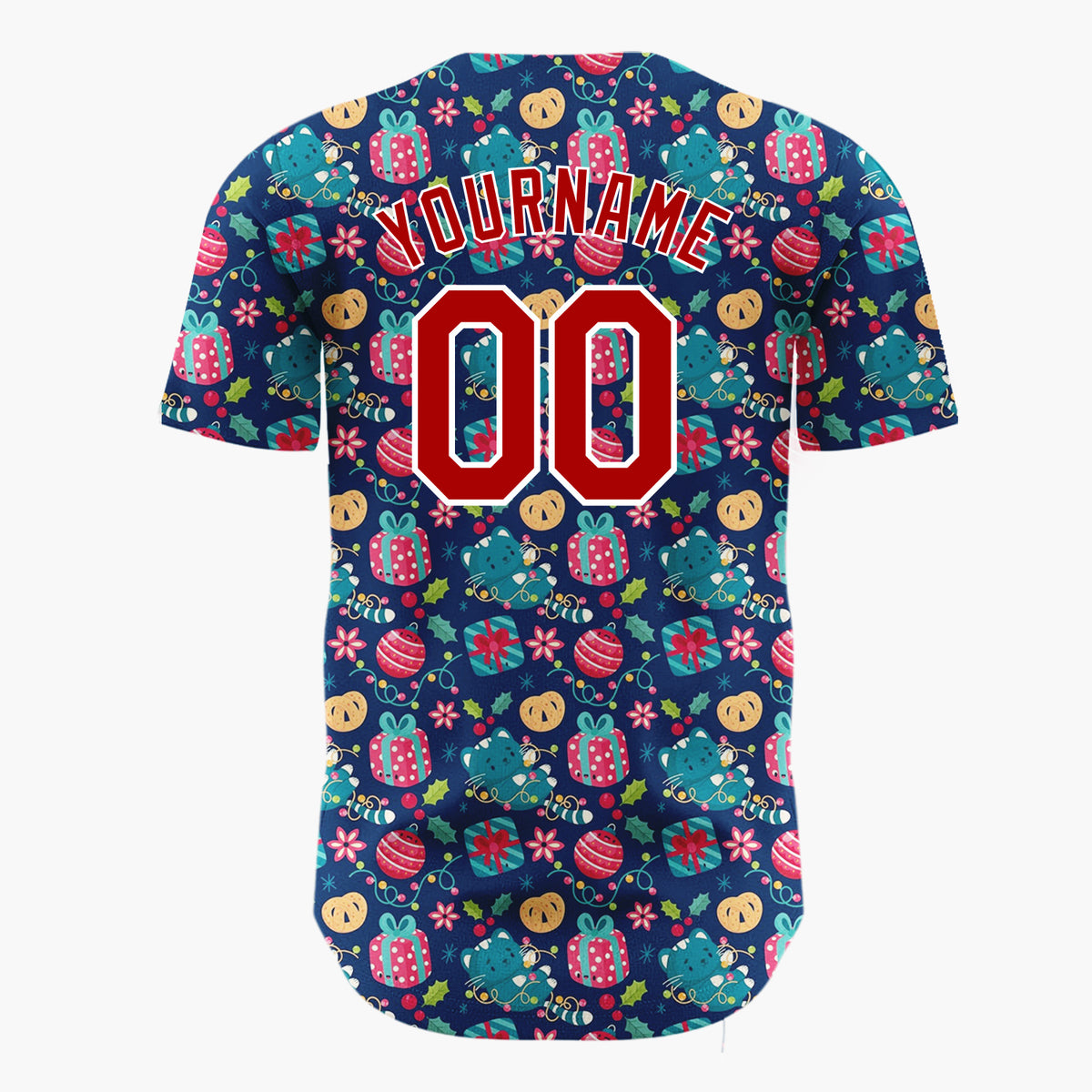 Custom Navy Blue Red Gifts Ornaments And Lights Festive Ditsy Pattern Christmas Baseball Jersey