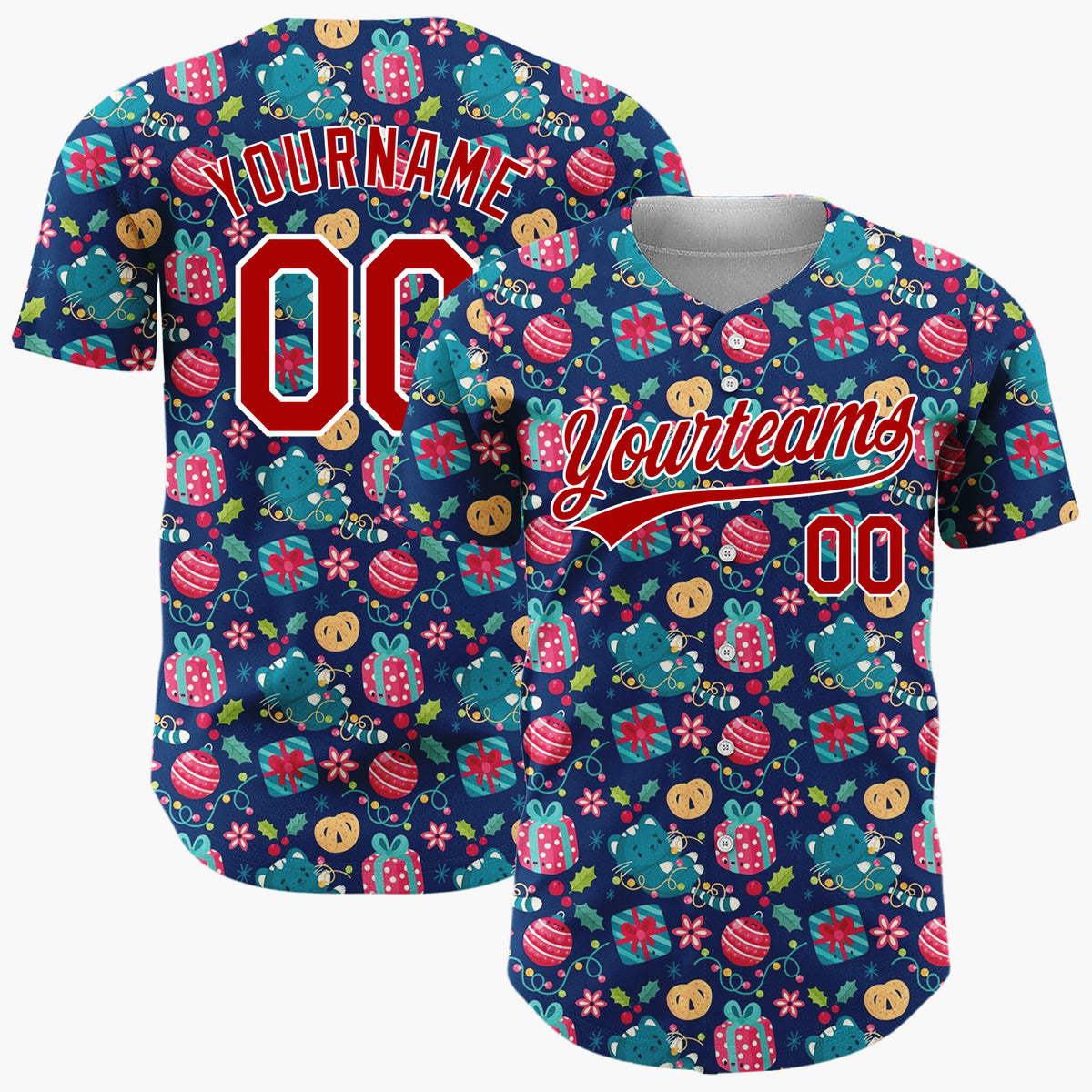 Custom Navy Blue Red Gifts Ornaments And Lights Festive Ditsy Pattern Christmas Baseball Jersey