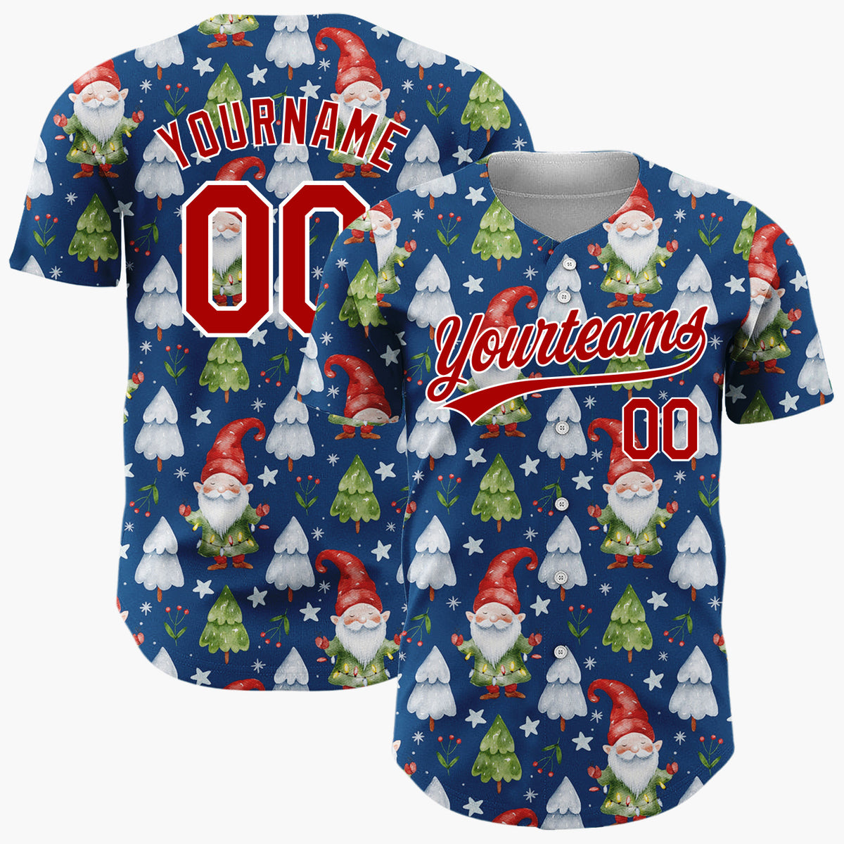 Custom Navy Gnomes And Christmas Trees Watercolor Christmas Baseball Jersey