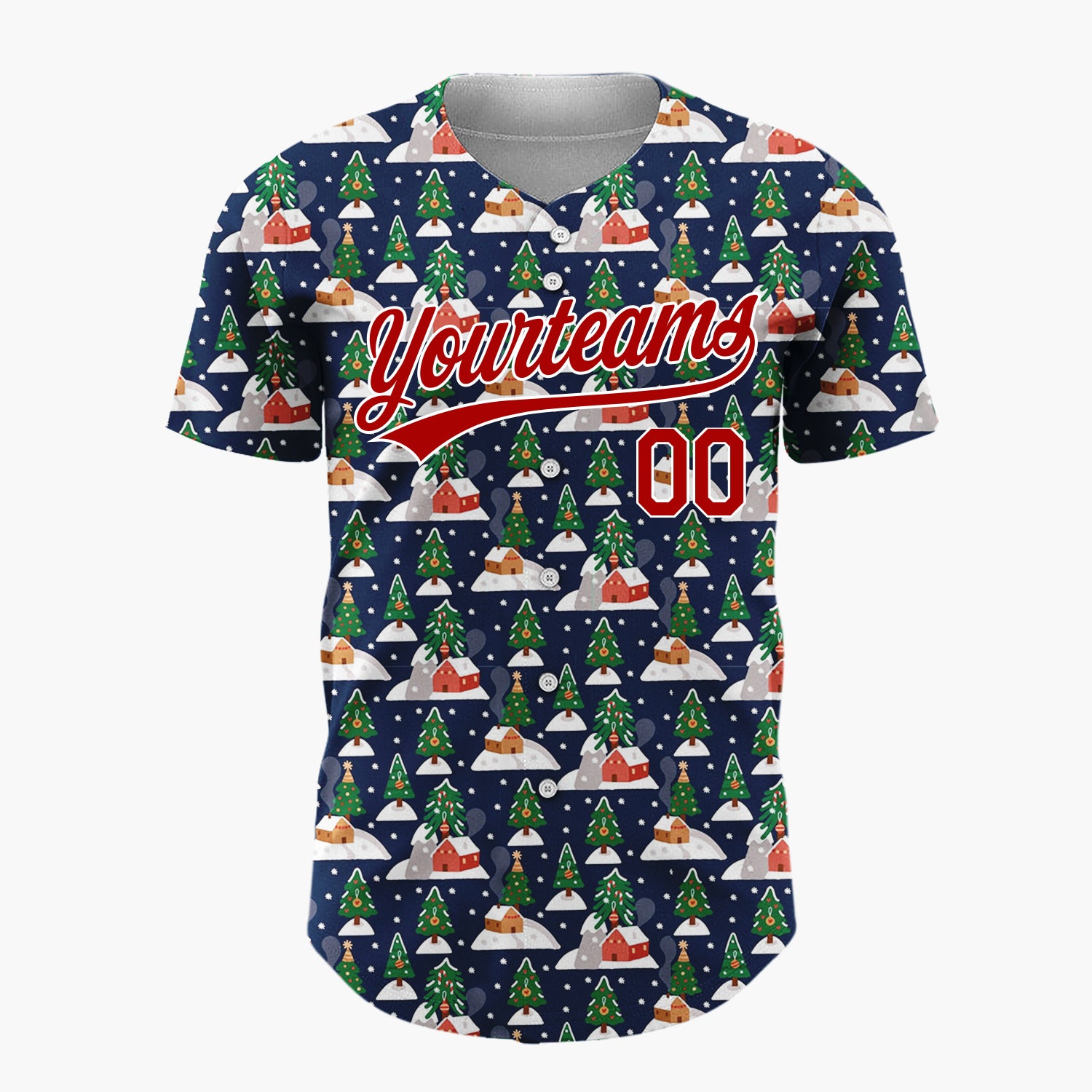 Custom Navy Christmas Village Trees And Houses Festive Winter Pattern Christmas Baseball Jersey