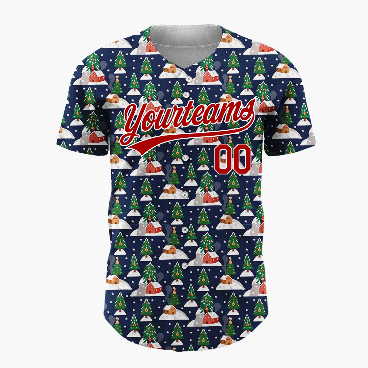 Custom Navy Christmas Village Trees And Houses Festive Winter Pattern Christmas Baseball Jersey