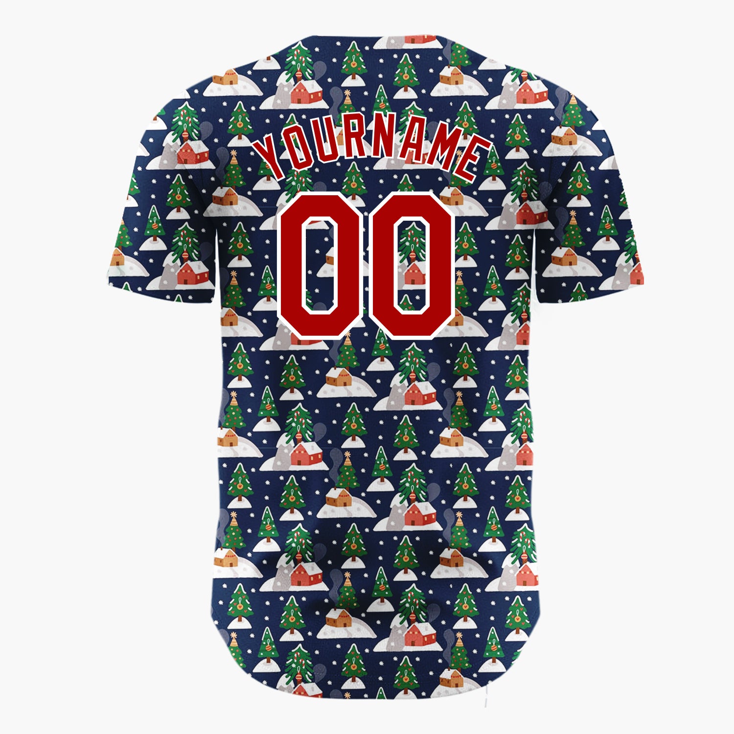 Custom Navy Christmas Village Trees And Houses Festive Winter Pattern Christmas Baseball Jersey