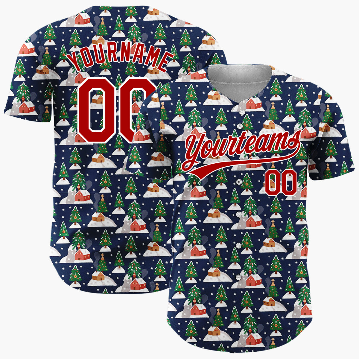 Custom Navy Christmas Village Trees And Houses Festive Winter Pattern Christmas Baseball Jersey