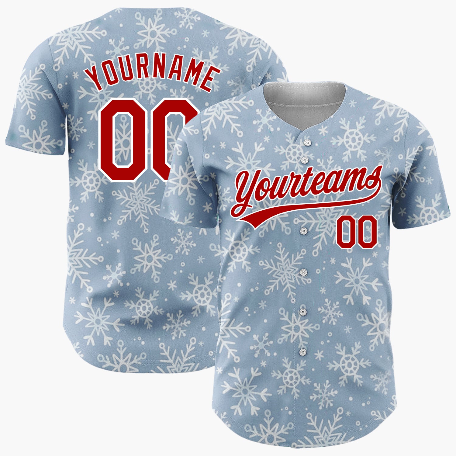 Custom Light Blue White Snowflakes Winter Wonderland Pattern Christmas Baseball Jersey