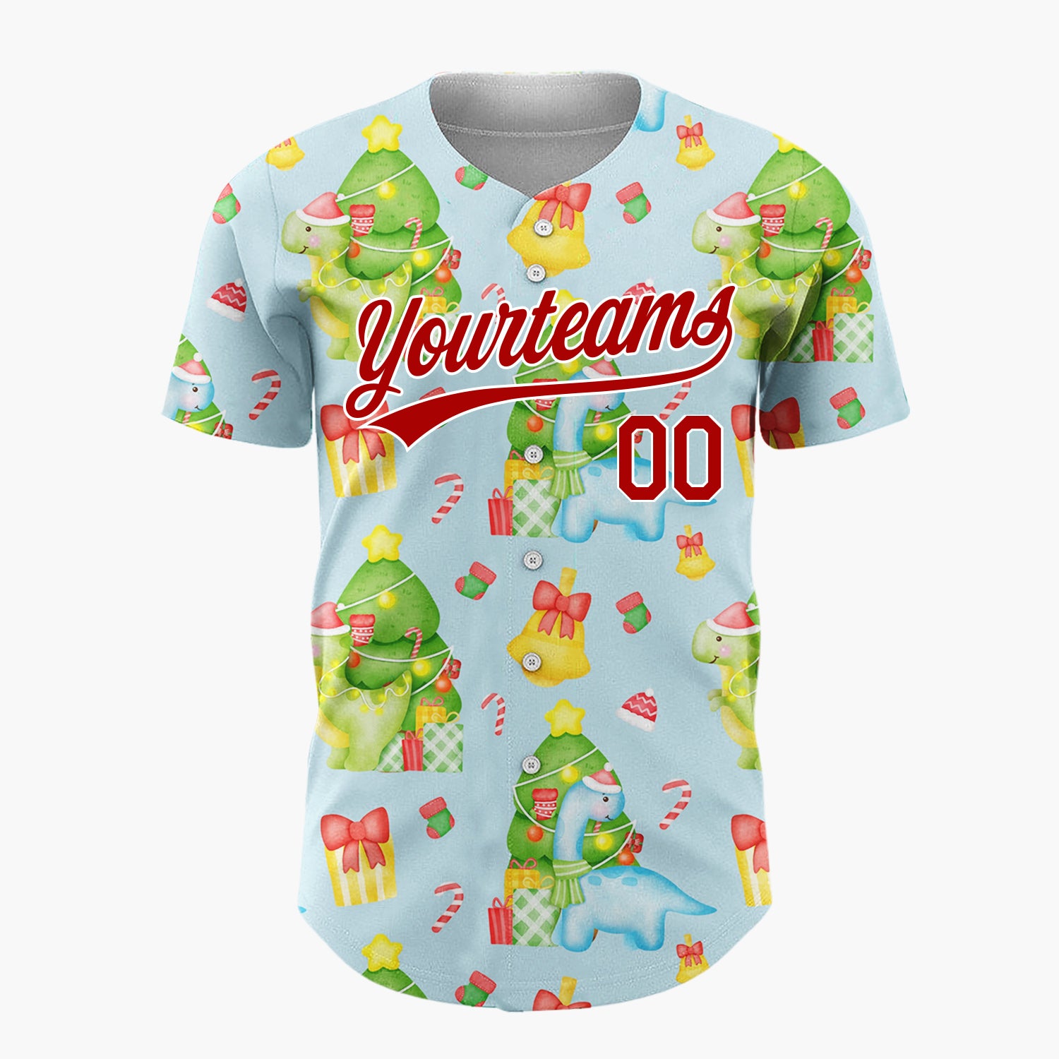 Custom Light Blue Watercolor Christmas Dinosaurs Cute Whimsical Pattern Christmas Baseball Jersey