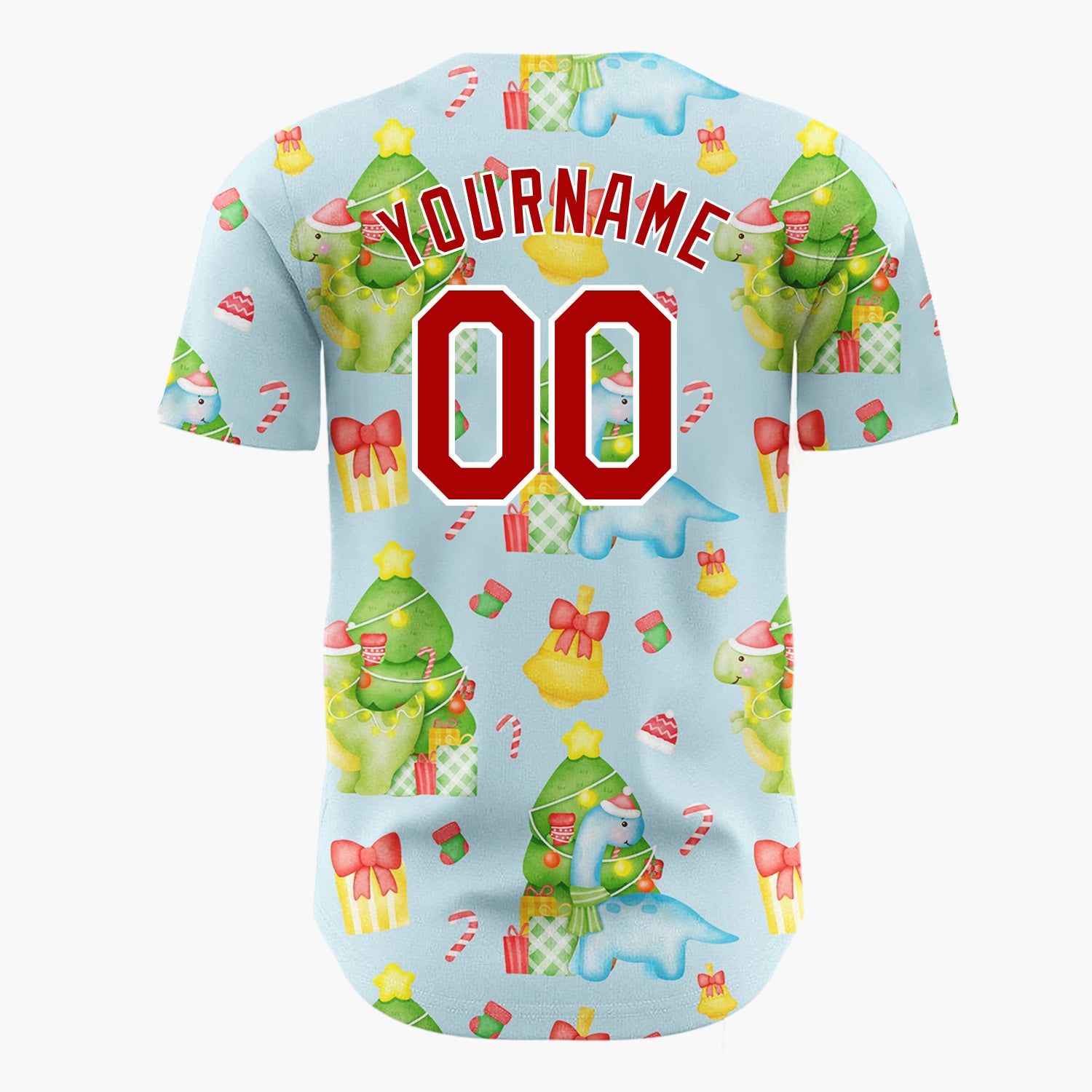 Custom Light Blue Watercolor Christmas Dinosaurs Cute Whimsical Pattern Christmas Baseball Jersey