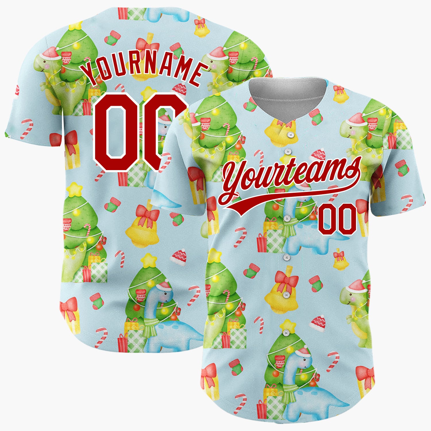 Custom Light Blue Watercolor Christmas Dinosaurs Cute Whimsical Pattern Christmas Baseball Jersey
