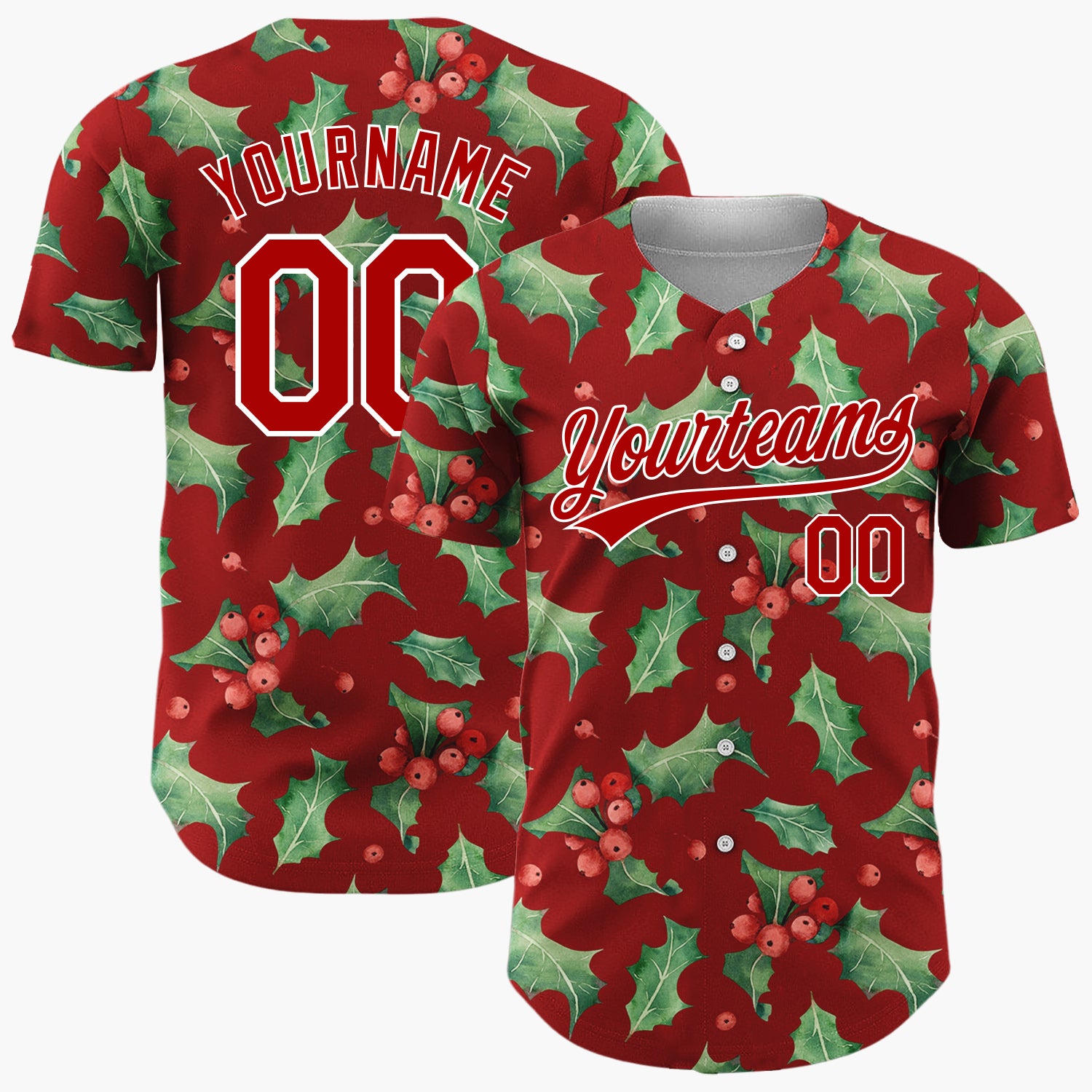 Custom Maroon Holly Leaves And Berries Watercolor Christmas Baseball Jersey